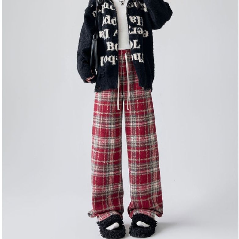 チェックパンツ あったかチェック柄ワイドパンツ