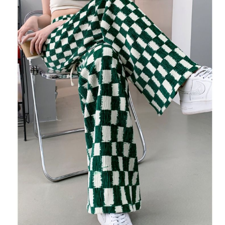 チェックパンツ モコモコチェック柄ワイドパンツ