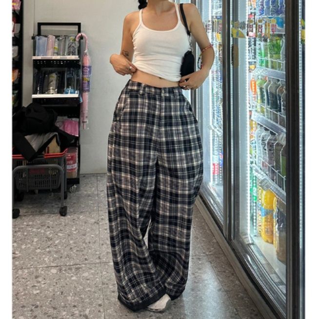 チェックパンツゆったりワイドシルエット タータンチェックパンツ