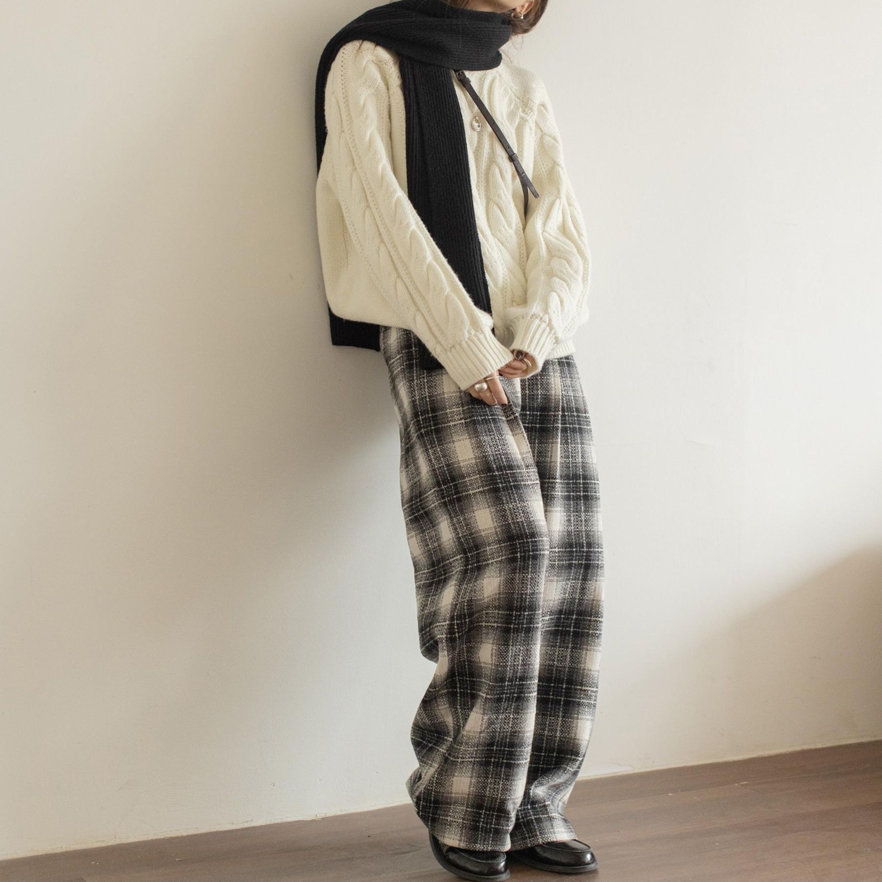 チェックパンツウール混 ゆったりタータンチェックパンツ