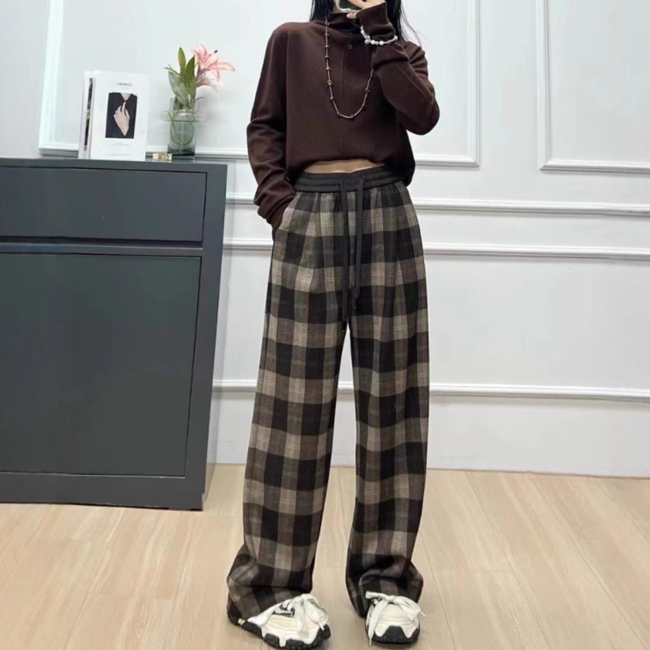 チェックパンツ ブラウン ゆったりシルエット 格子柄 ワイドパンツ