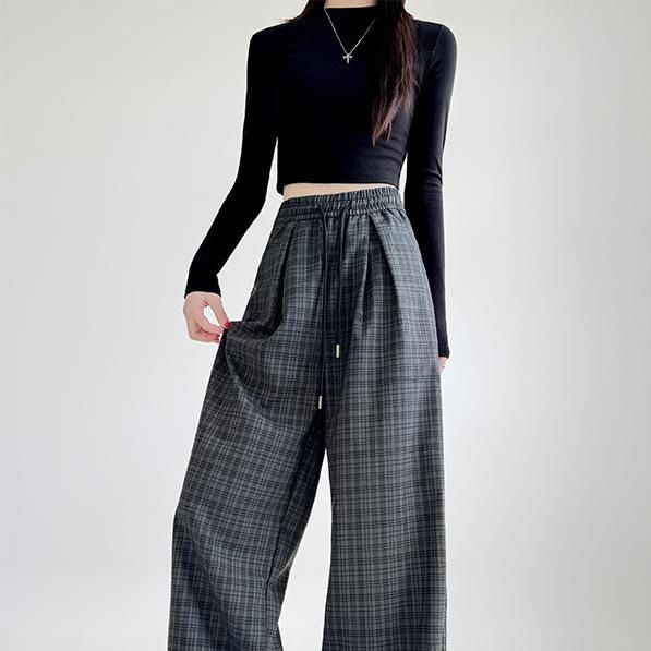 チェックパンツ 韓国風グレーチェックワイドパンツ