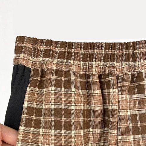 チェックパンツ 切替デザイン格子柄チェックパンツワイドシルエット