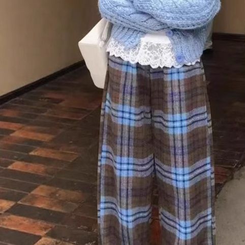 チェックパンツ クラシック格子柄ゆったりワイドパンツ