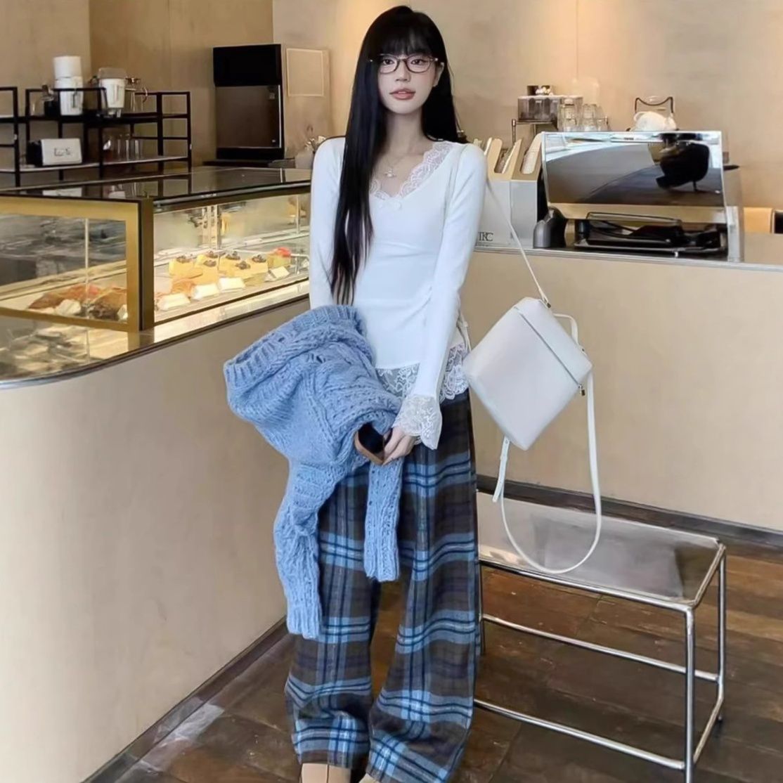 チェックパンツ クラシック格子柄ゆったりワイドパンツ