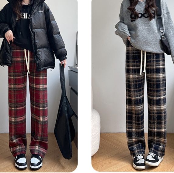 チェックパンツ 裏起毛タータン格子柄ワイドパンツ