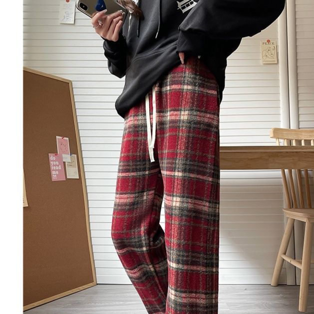 チェックパンツ 裏起毛タータン格子柄ワイドパンツ