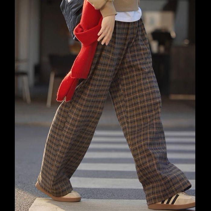 チェックパンツ クラシック格子柄ゆったり　ワイドパンツ