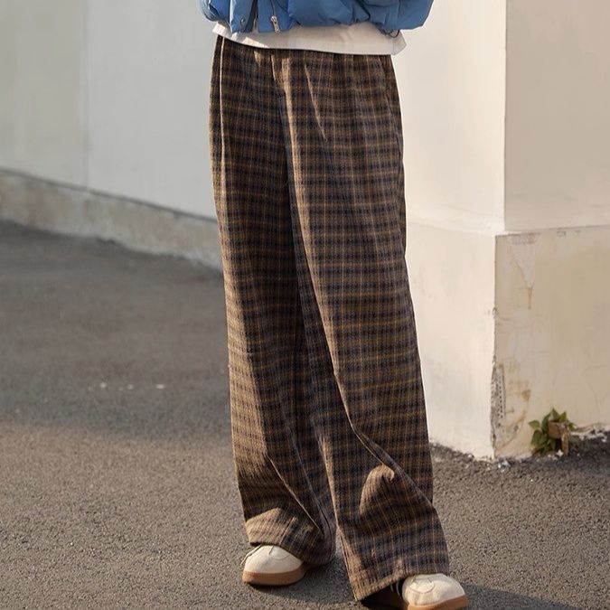 チェックパンツ クラシック格子柄ゆったり　ワイドパンツ