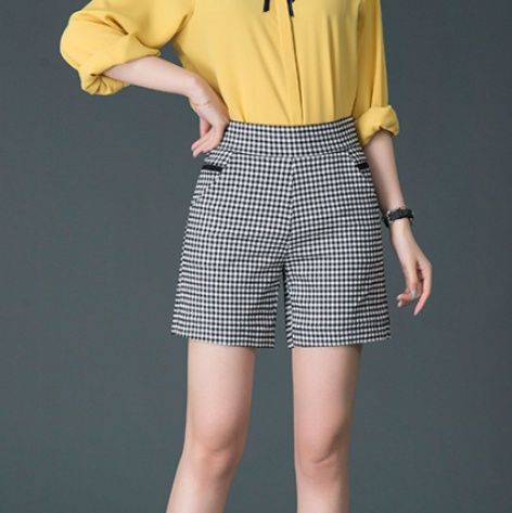 チェックパンツ 千鳥格子柄ハイウエスト ショートパンツ