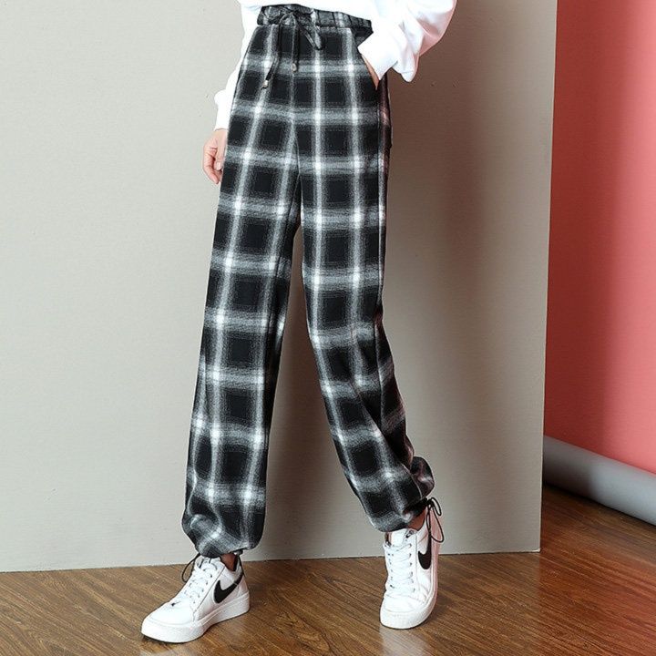 チェックパンツ 格子柄裾絞りゴム入りゆったりカジュアル長ズボン