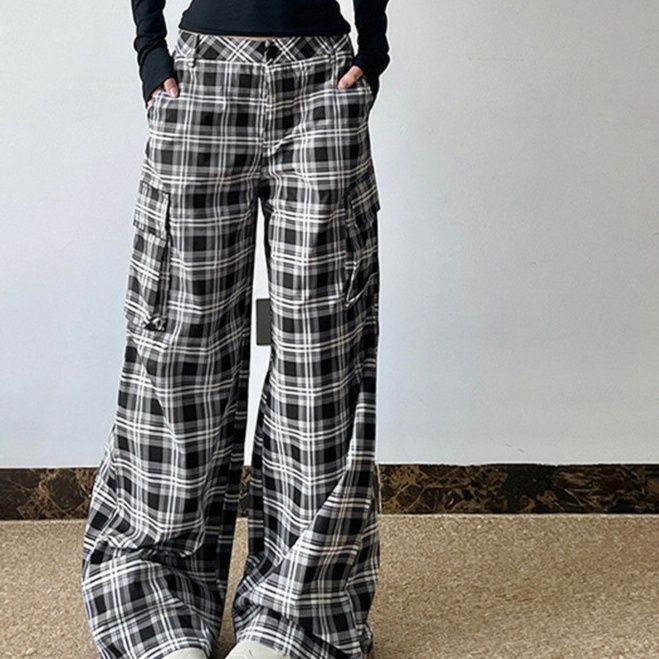 チェックパンツ タータンチェック柄ワイドカーゴパンツ