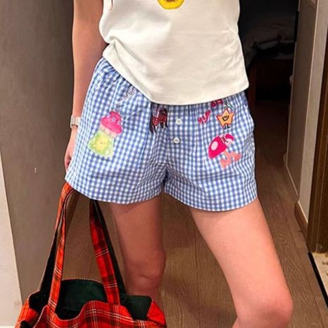 チェックパンツ ギンガムチェック柄ワッペン付きショートパンツ