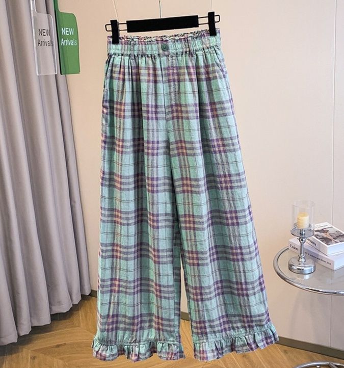 チェックパンツ フリル裾 ゆったりワイドパンツ