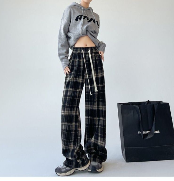 チェックパンツ タータンチェック裏起毛ワイドドロスト