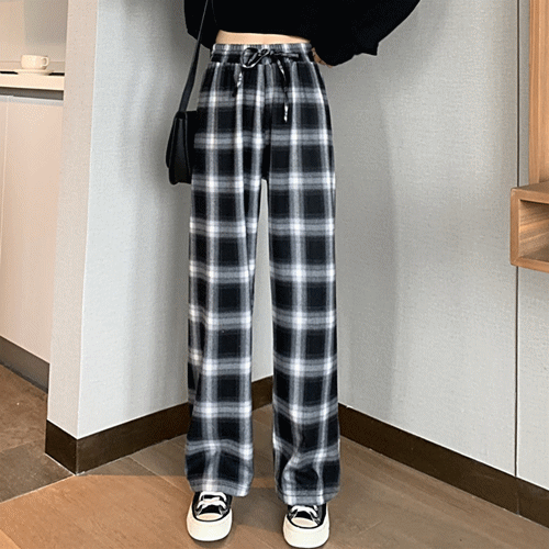 チェックパンツ モノトーン格子柄 ゆったりワイドパンツ
