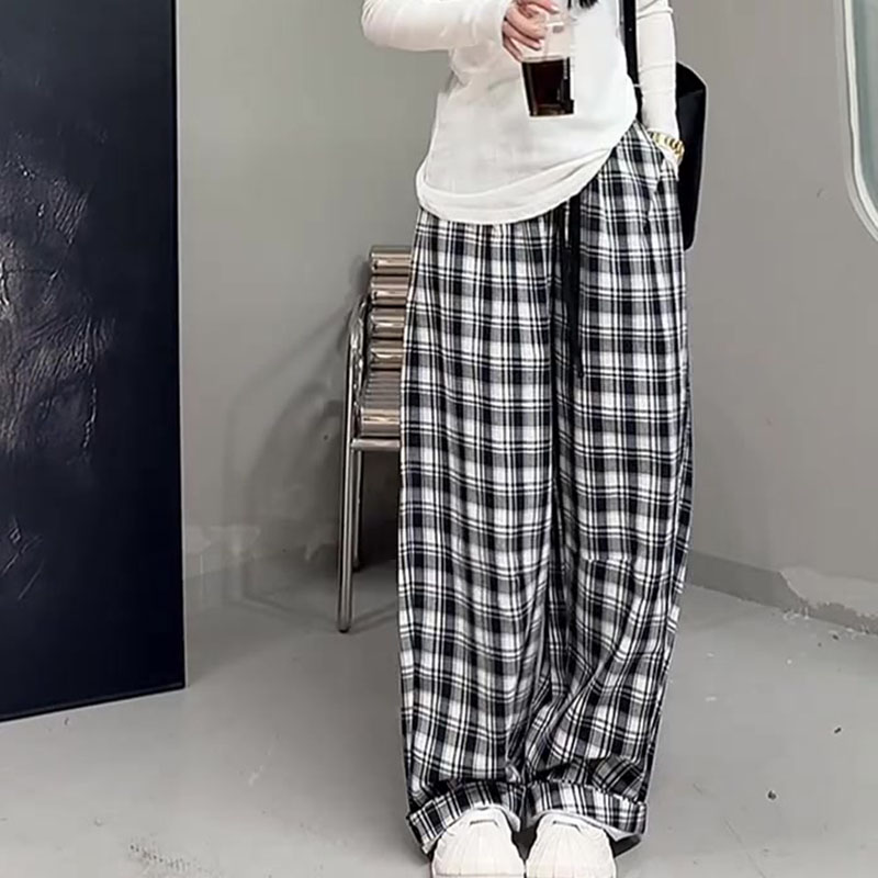 チェックパンツ 白黒 ゆったりシルエット格子柄ワイドパンツ