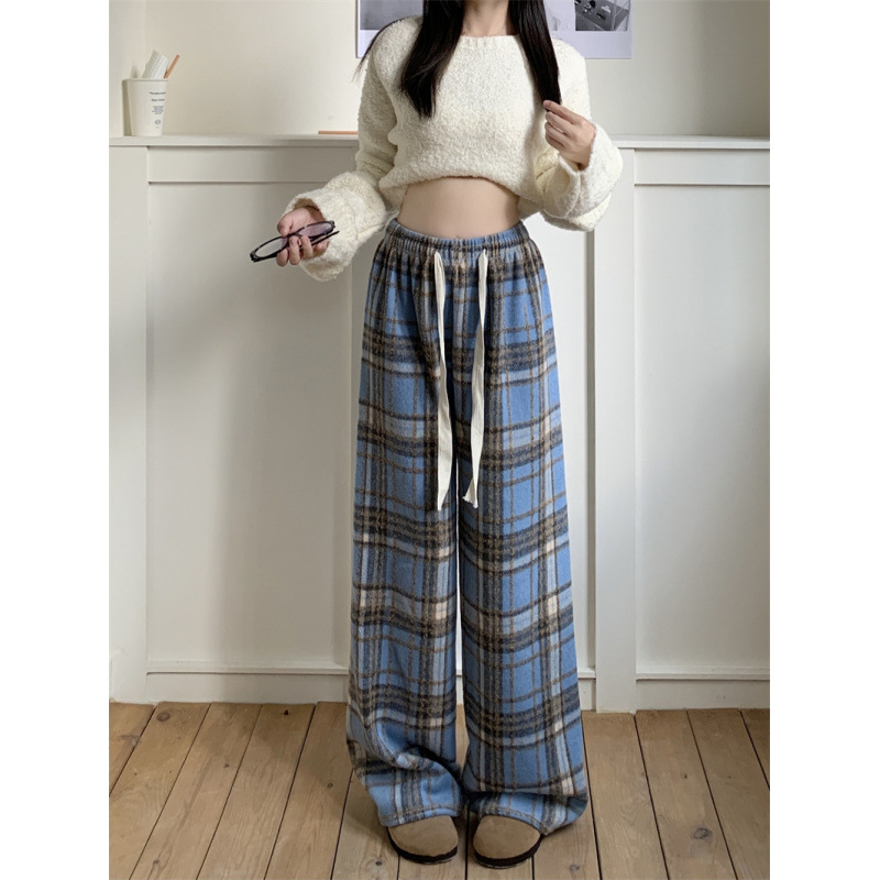 チェックパンツ 紐付きギンガムチェック柄ワイドパンツ