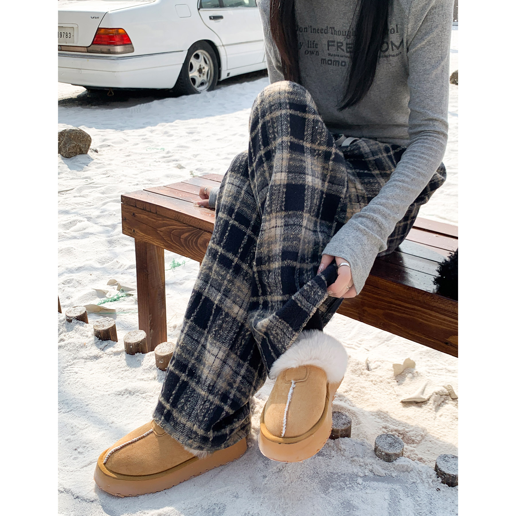 チェックパンツ ゆったりチェックあったかワイドパンツ