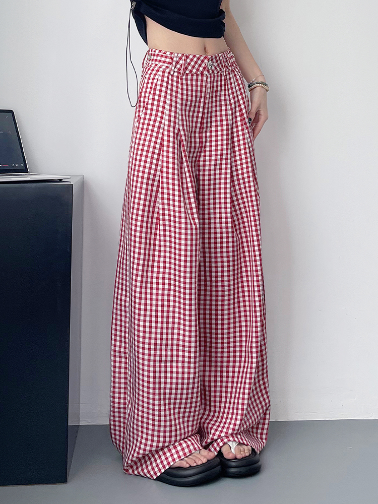 チェックパンツ 格子柄ゆったりロングパンツ