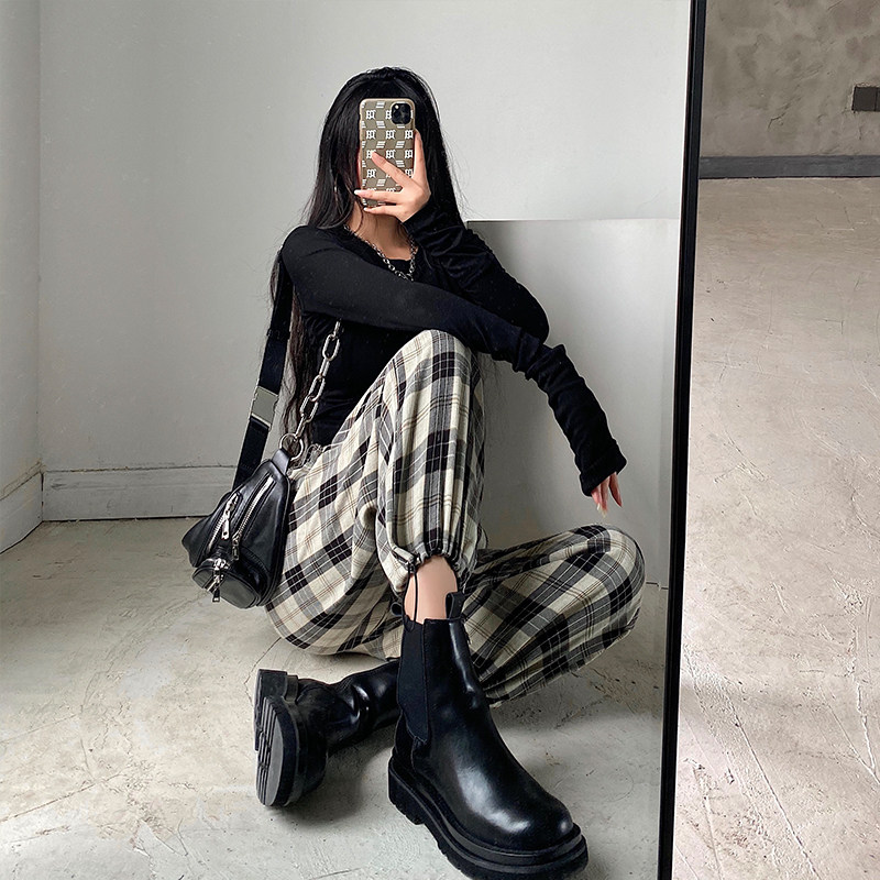 チェックパンツ 格子柄ゆったりテーパードイージーパンツ