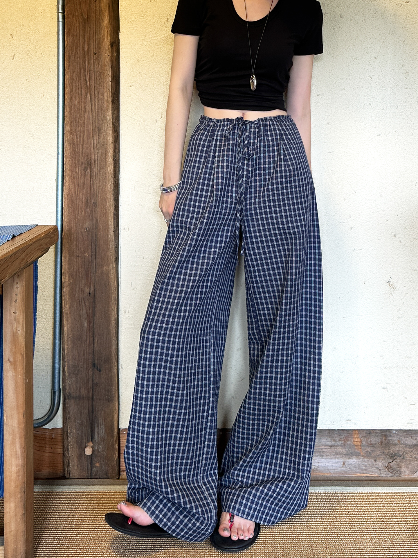 チェックパンツ 涼やかワイドレッグチェックパンツ