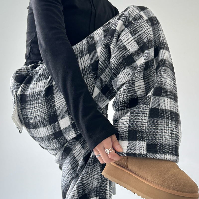 チェックパンツ もこもこチェックフリースワイドパンツ