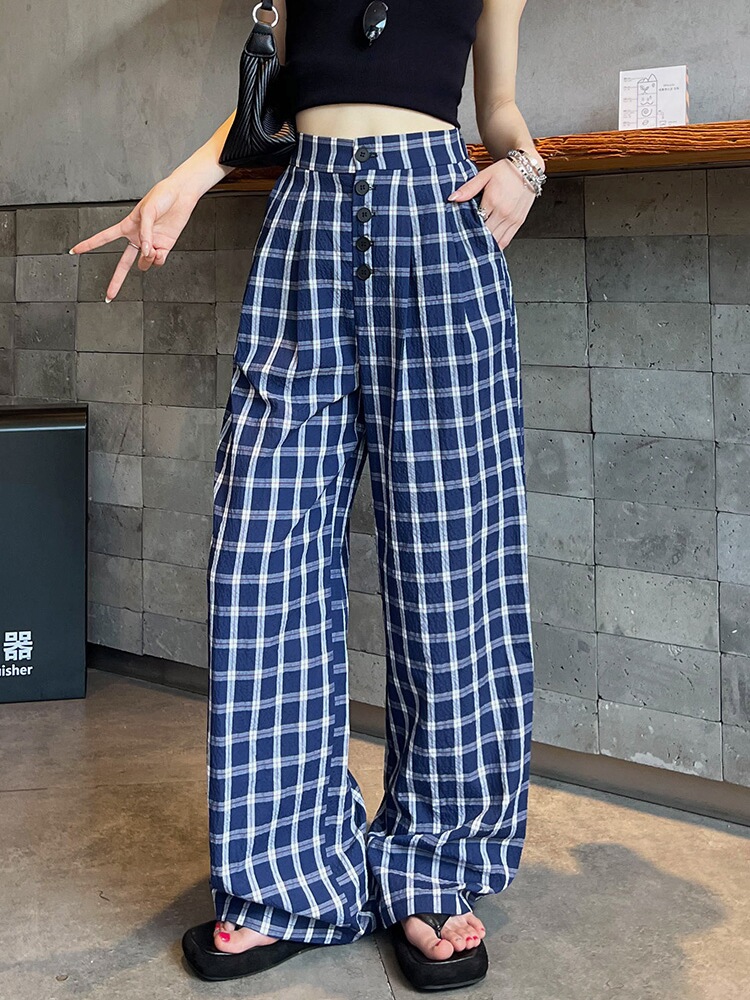 チェックパンツ クラシック格子柄ワイドパンツ