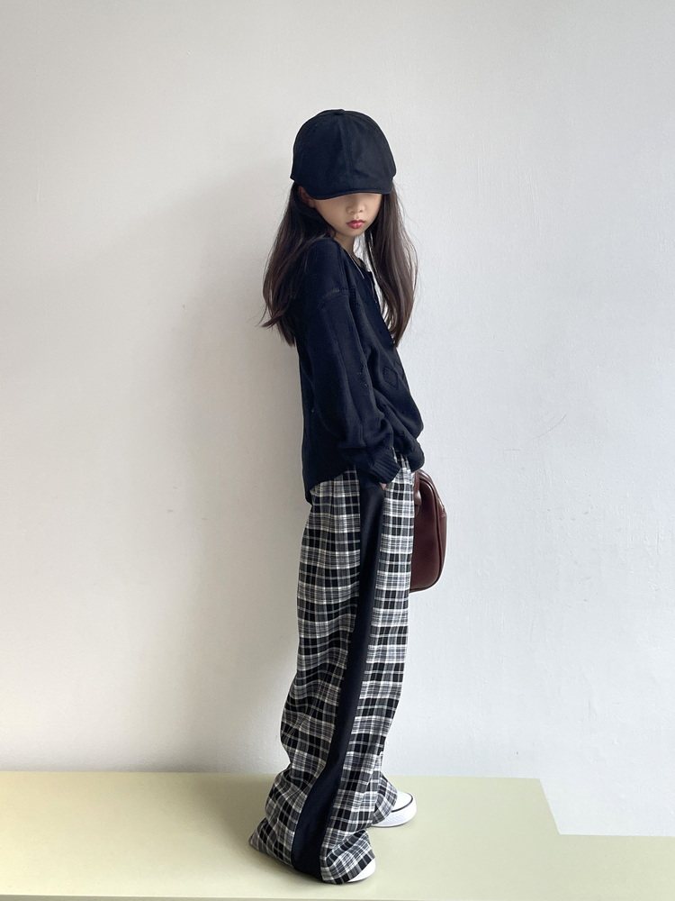 チェックパンツ 切替デザイン格子柄チェックパンツワイドシルエット