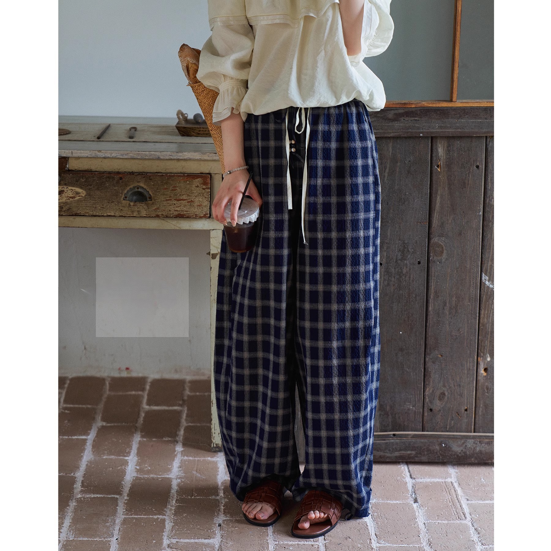チェックパンツ 格子柄リラックスワイドパンツ