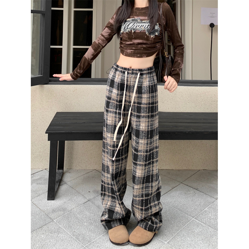 チェックパンツ 紐付きギンガムチェック柄ワイドパンツ