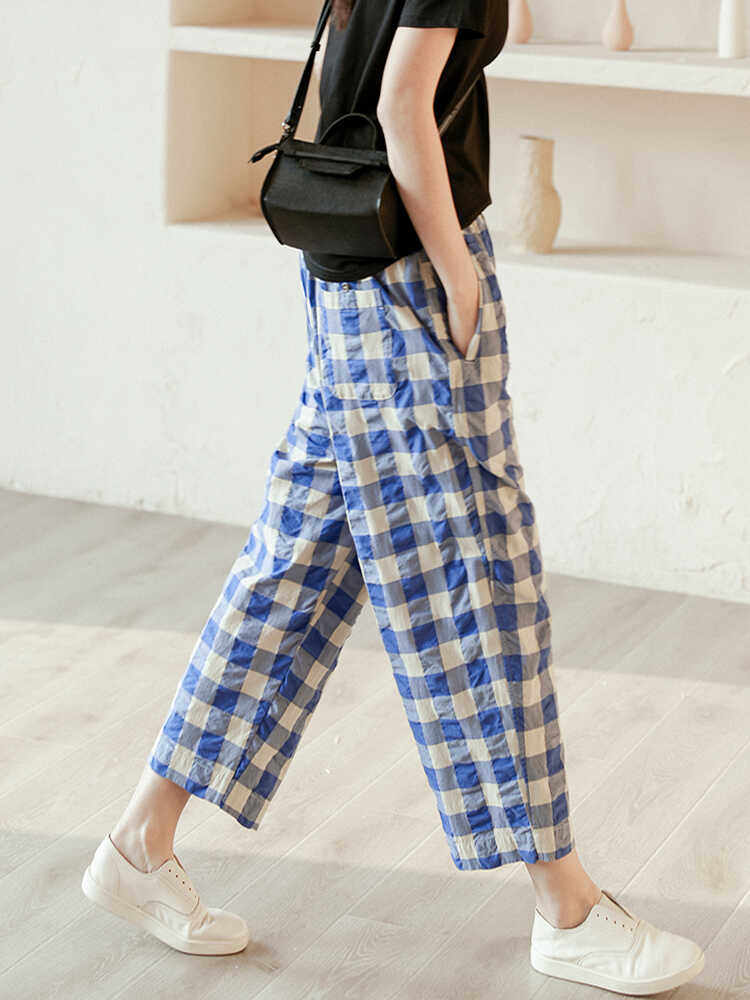 チェックパンツ 爽やかギンガムチェック柄ゆったりワイドパンツ