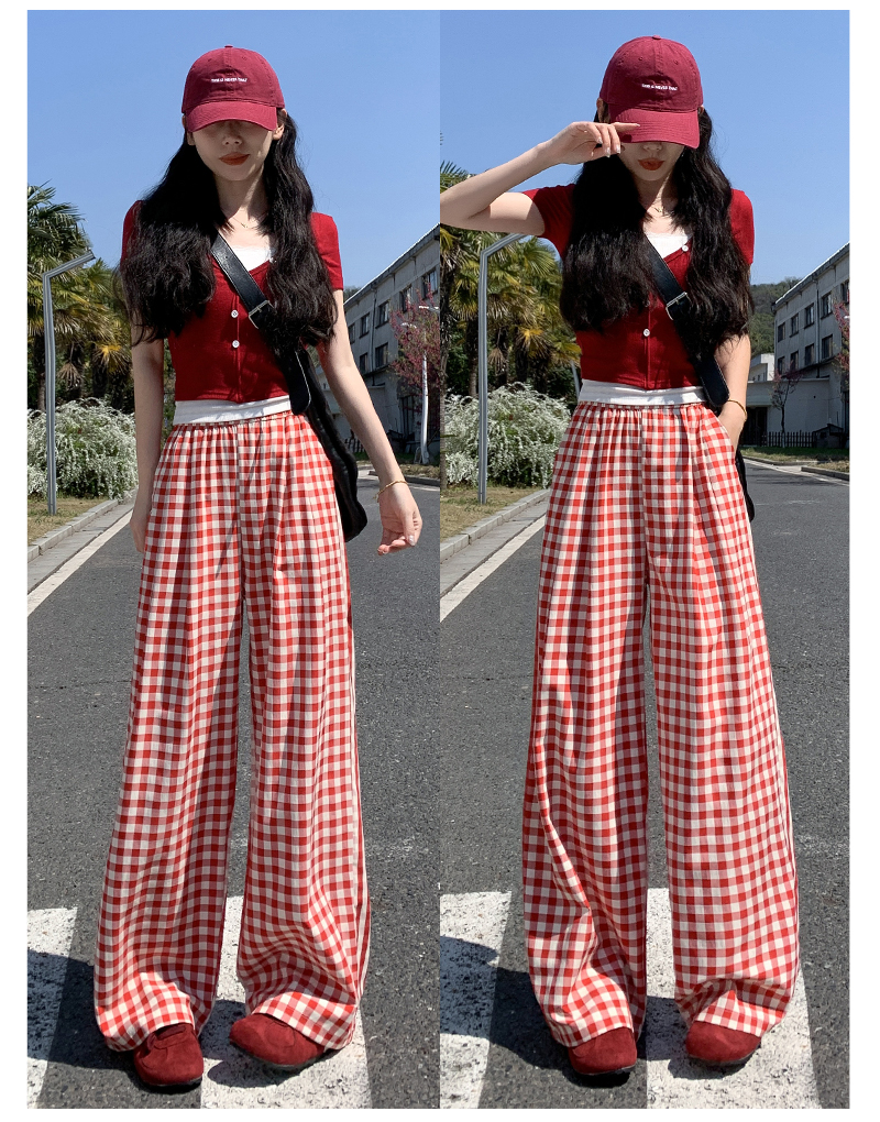 チェックパンツ 格子柄ゆったりワイドパンツ