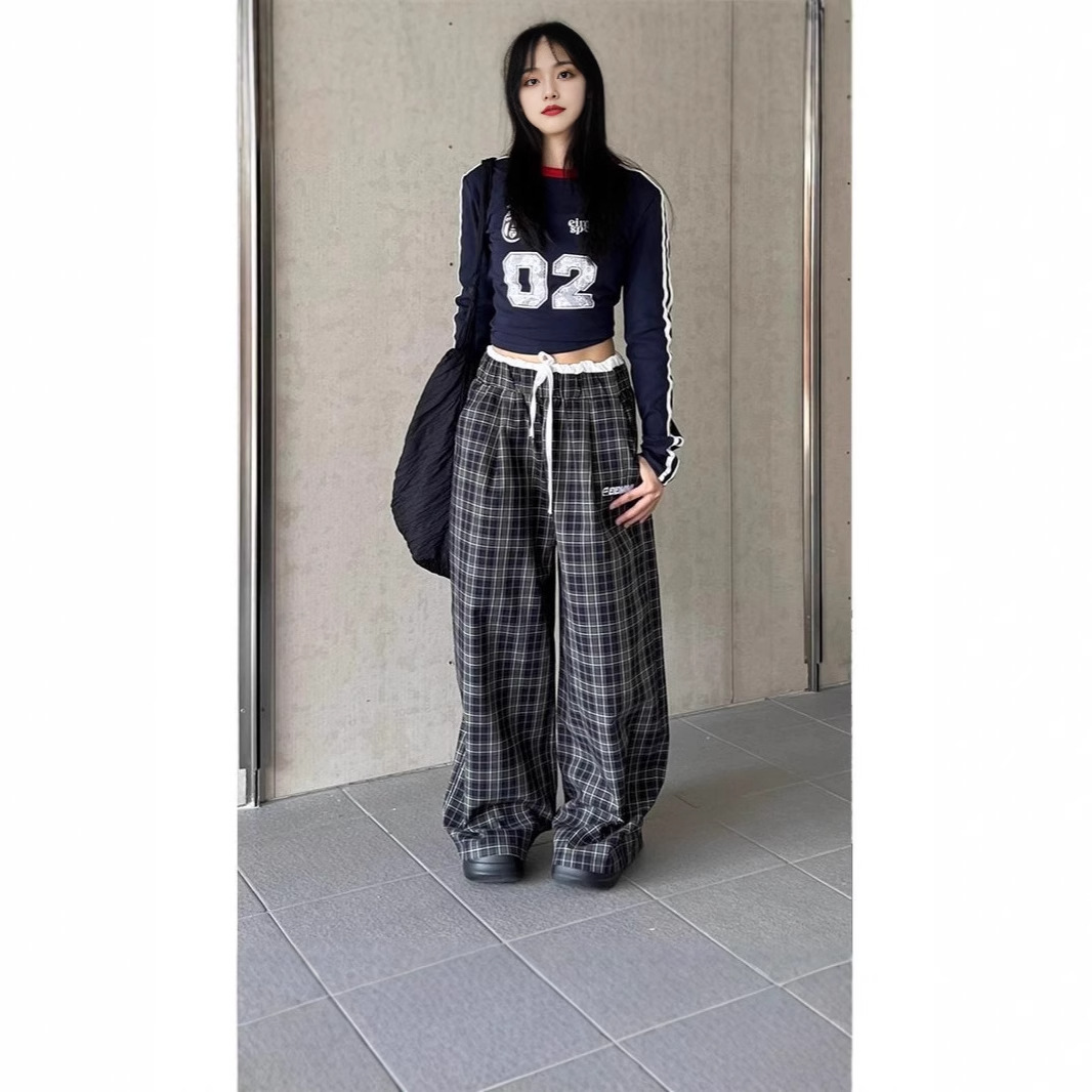 チェックパンツ 紐付きワイドシルエットギンガムチェックパンツ