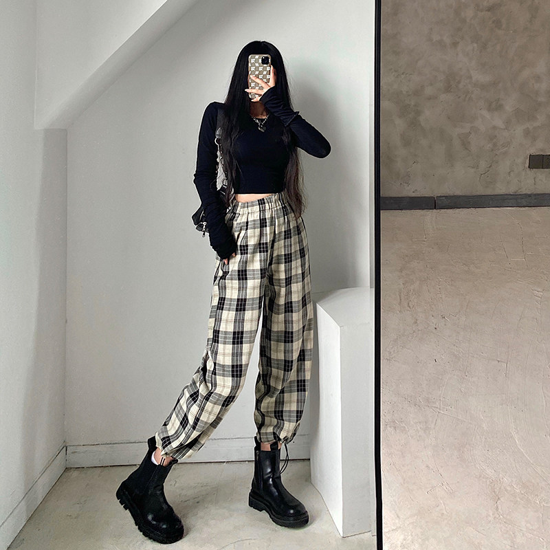 チェックパンツ 格子柄ゆったりテーパードイージーパンツ