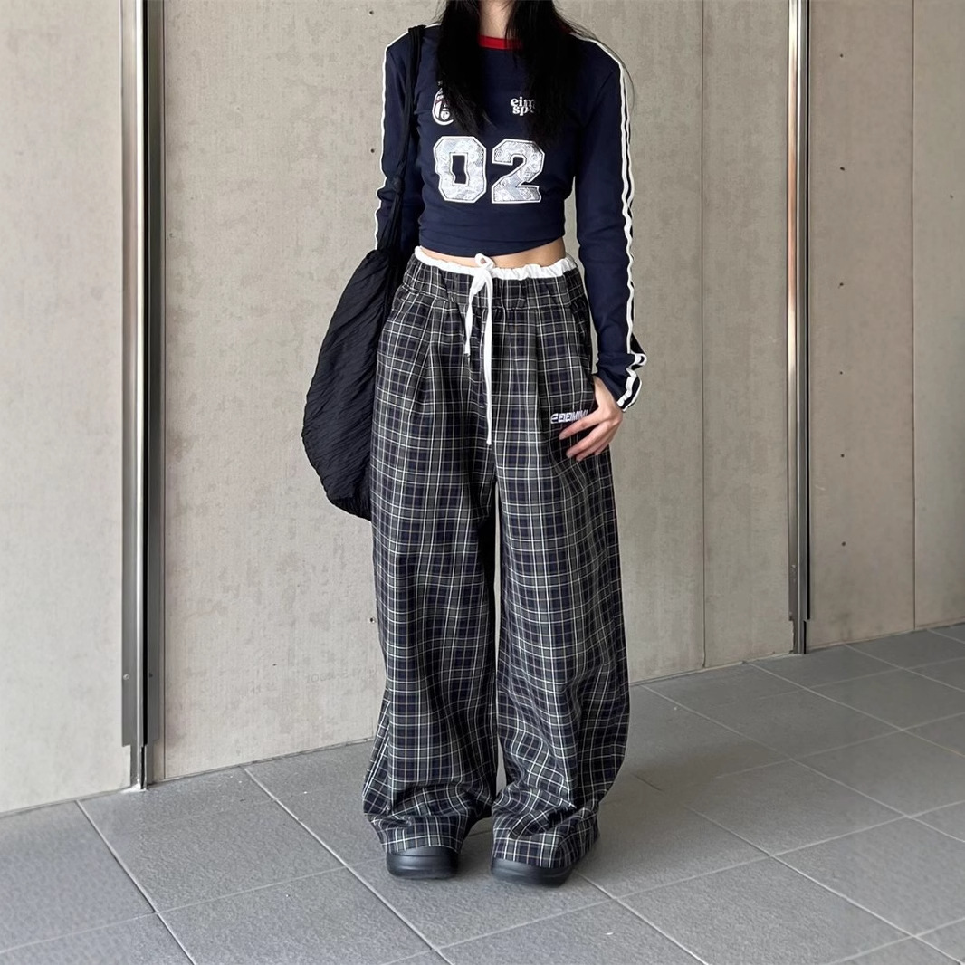 チェックパンツ 紐付きワイドシルエットギンガムチェックパンツ
