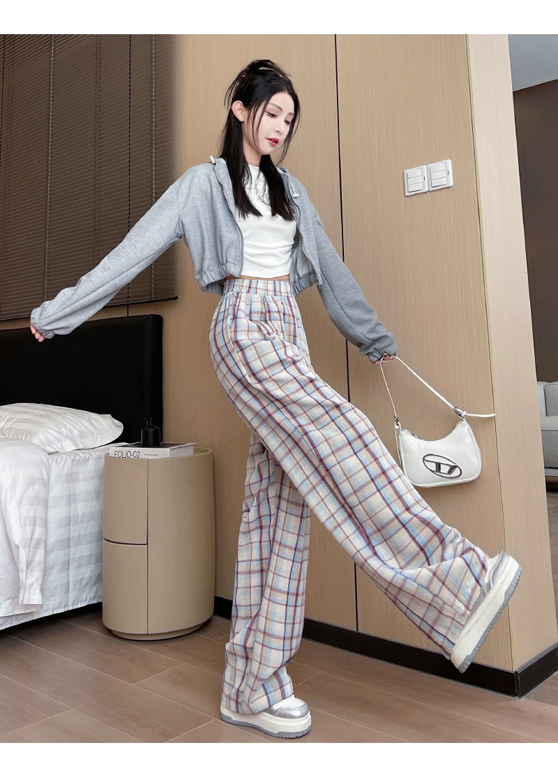 チェックパンツ ゆったり格子柄ワイドパンツ