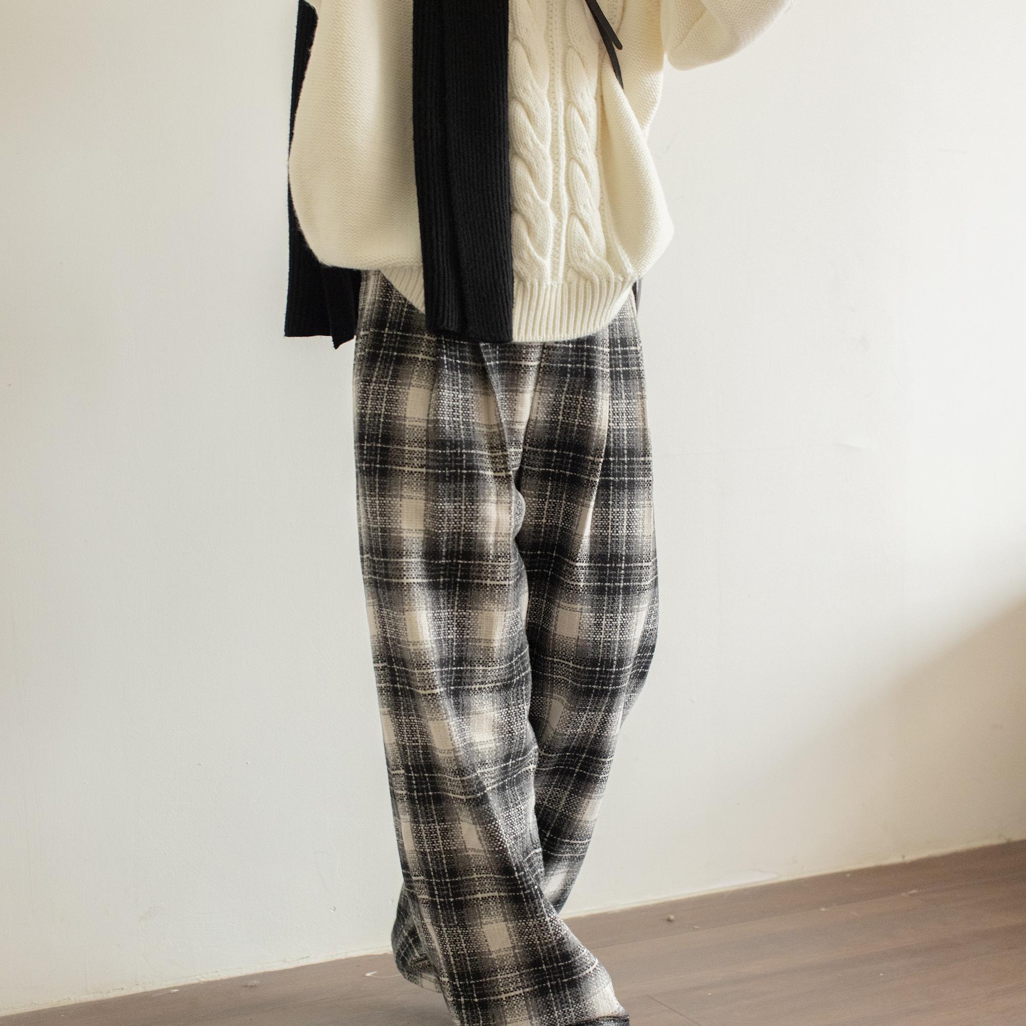 チェックパンツウール混 ゆったりタータンチェックパンツ