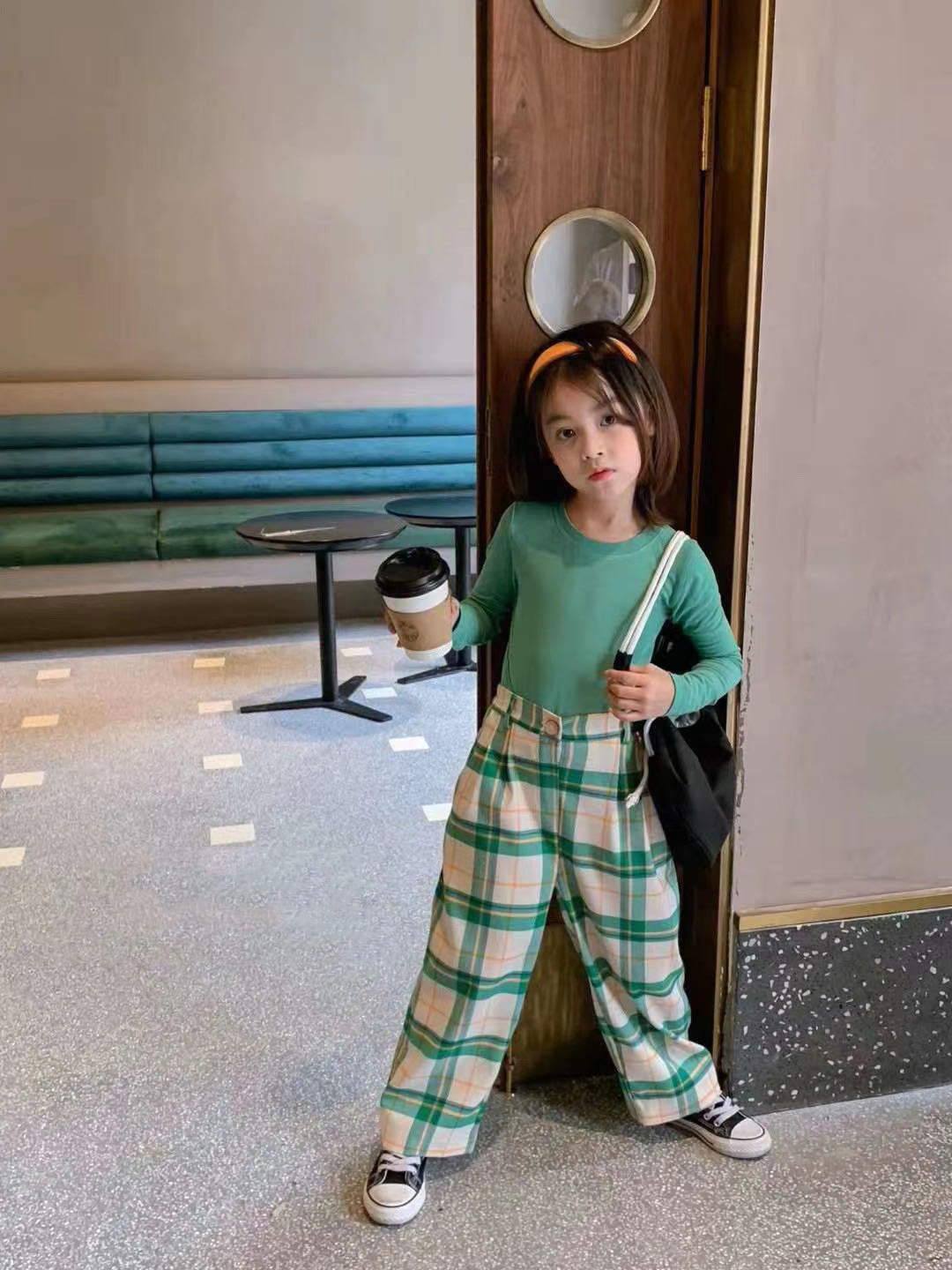 韓国風女の子チェックパンツセット可愛いツーピース子供服