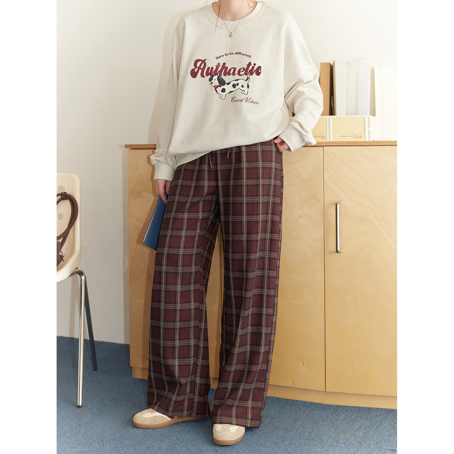 チェックパンツ なめらか素材 タータンチェックワイドパンツ