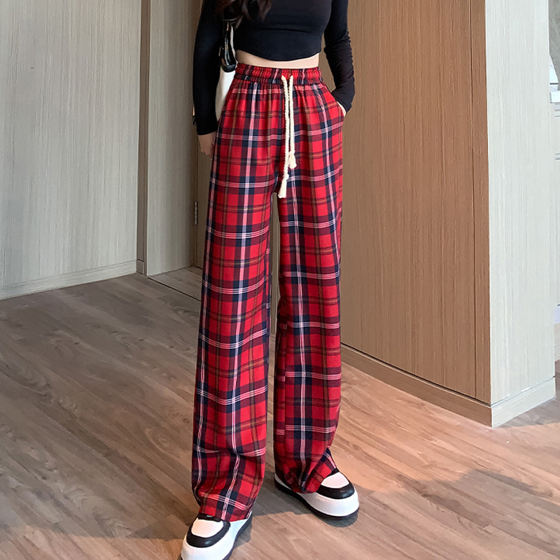 チェックパンツ 赤 伝統格子柄 ゆったりワイドパンツ