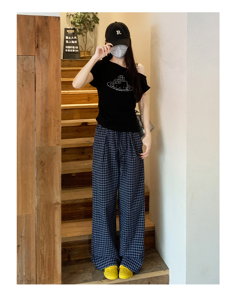 チェックパンツ 格子柄ゆったりワイドパンツ