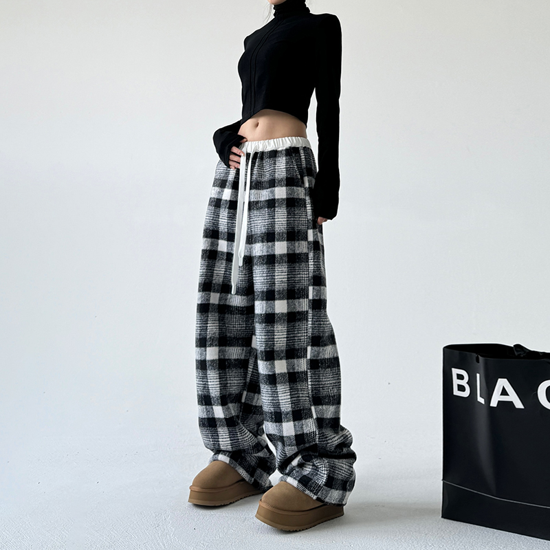 チェックパンツ もこもこチェックフリースワイドパンツ