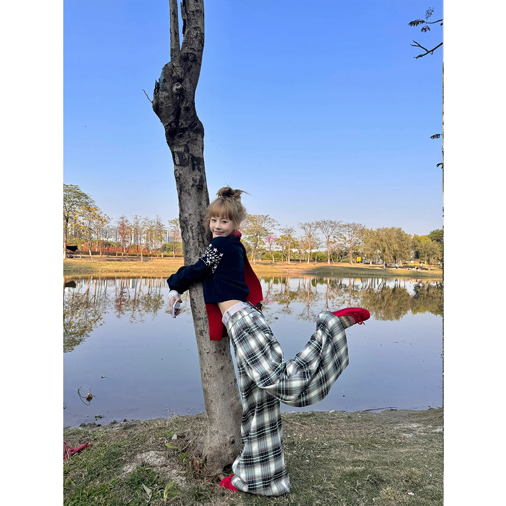 チェックパンツ ゆったりタータンロングパンツ