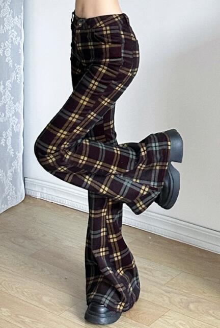 チェックパンツ ハイウエストラッパチェック柄パンツ