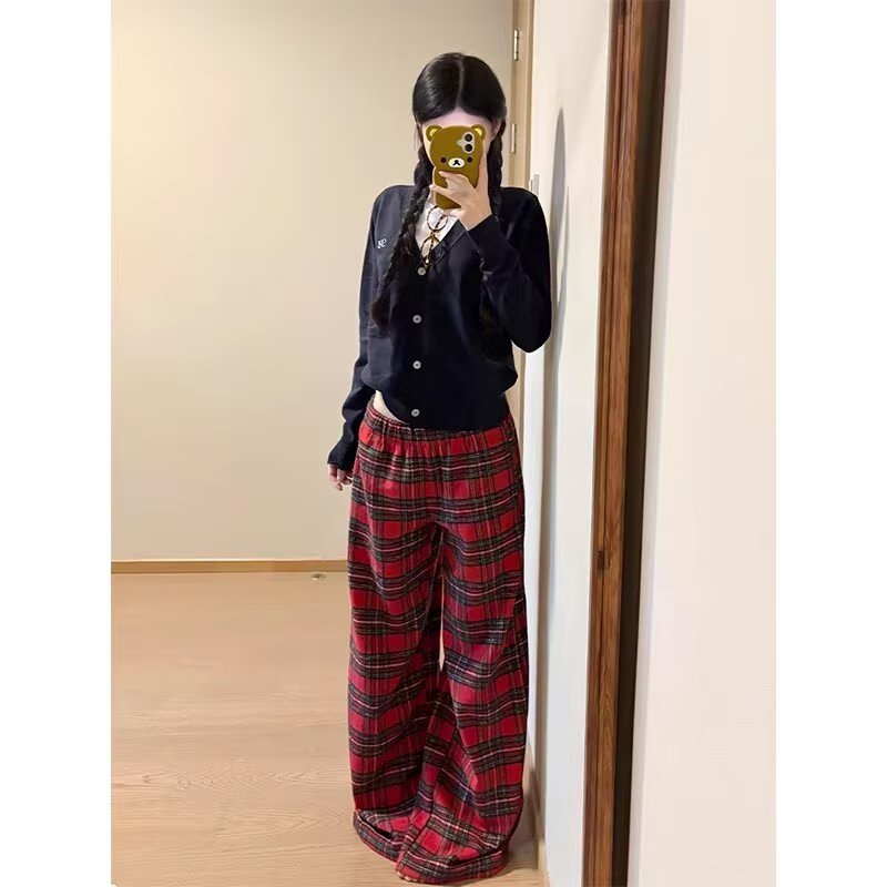 チェックパンツ 格子柄ワイドシルエット総柄パンツ