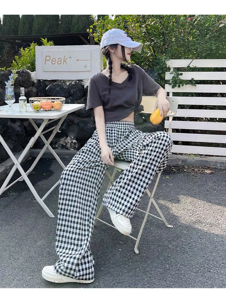 チェックパンツ 格子柄ゆったりワイドパンツ