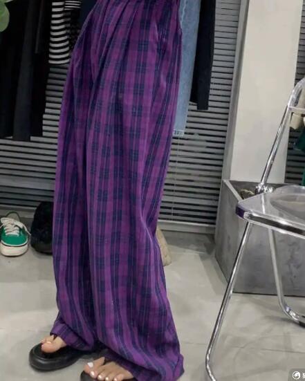チェックパンツ レディース 紫チェック柄 ワイドパンツ