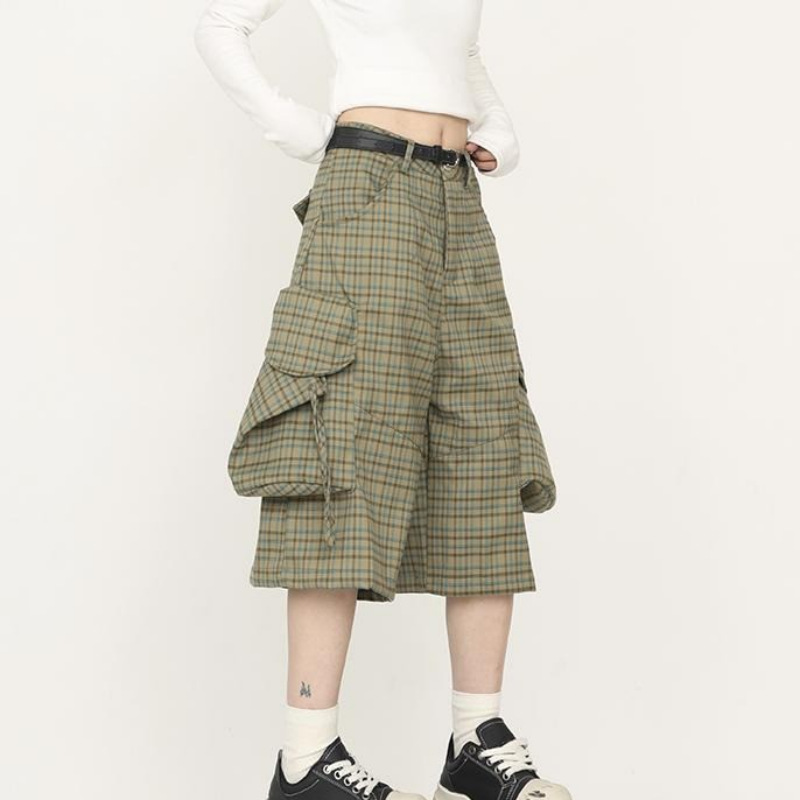 チェックパンツ マルチポケットワイドハーフパンツ
