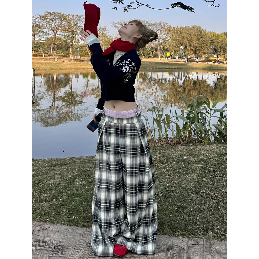 チェックパンツ ゆったりタータンロングパンツ